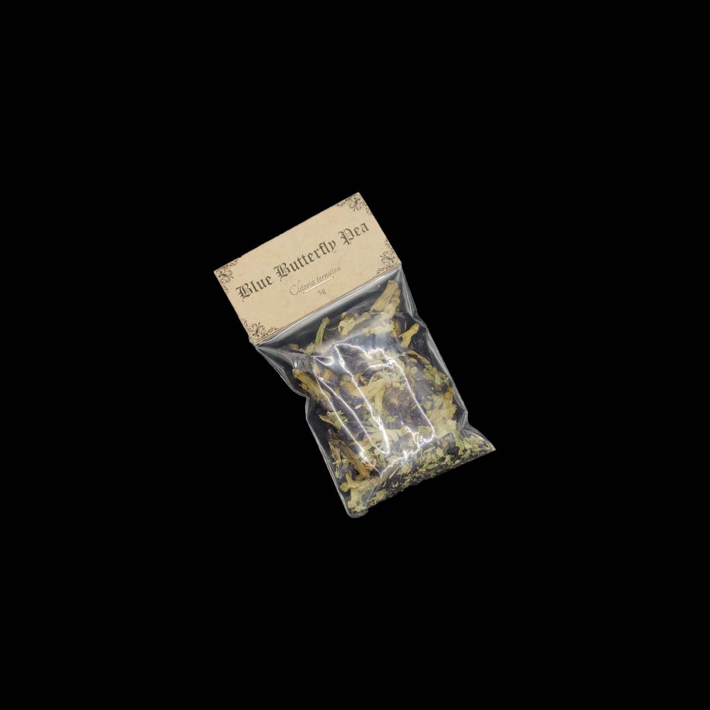 A small, clear bag of butterfly pea flowers.