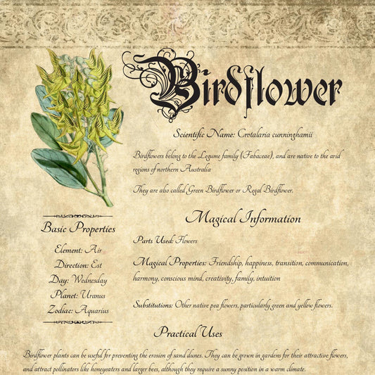 Antique-style grimoire page on the properties of Birdflower, with an aged paper background and script font