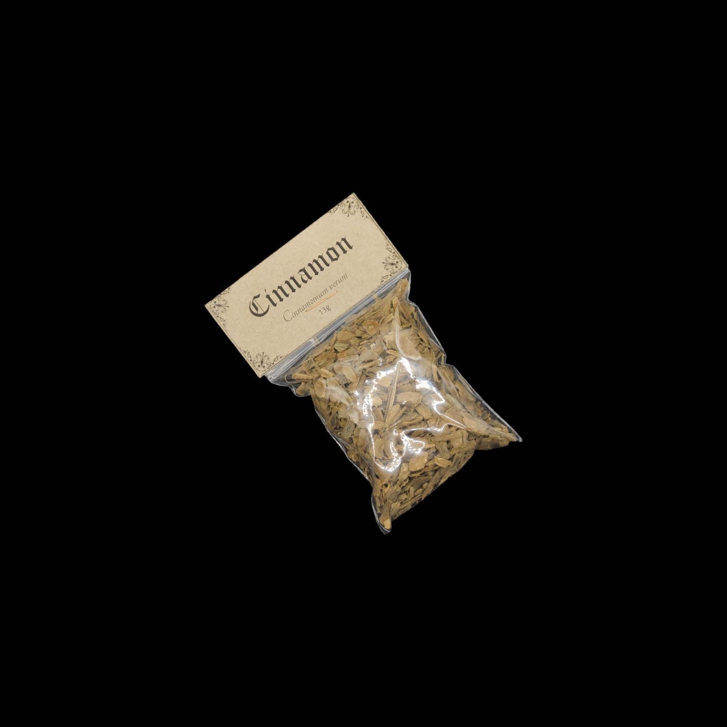 A small, clear bag of cinnamon chips.