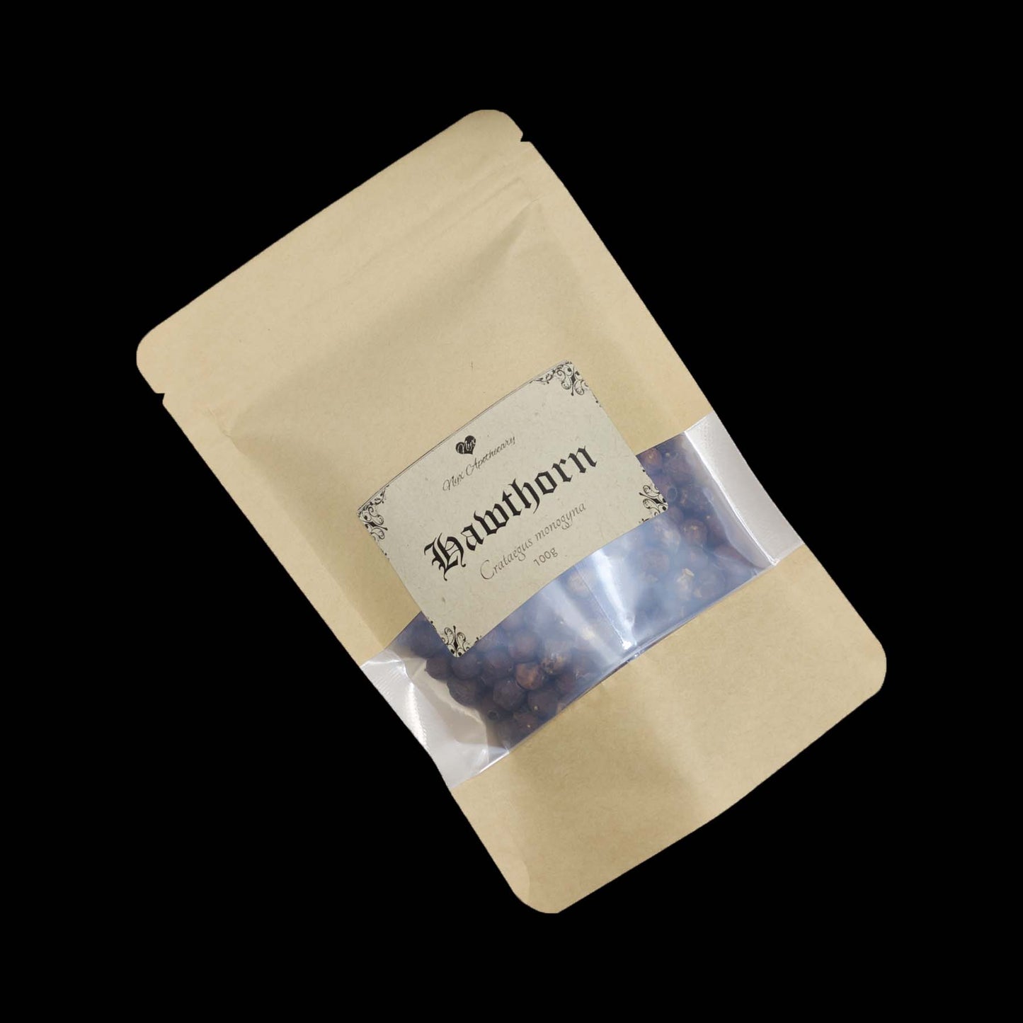 A kraft bag labelled Hawthorn berries with a clear window showing the contents.