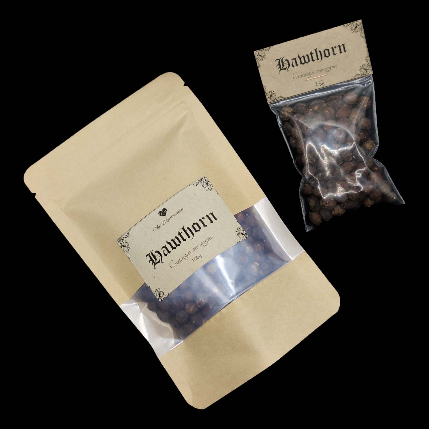 Two bags of Hawthorn berries, one small and clear, the other a larger kraft bag with a clear window.