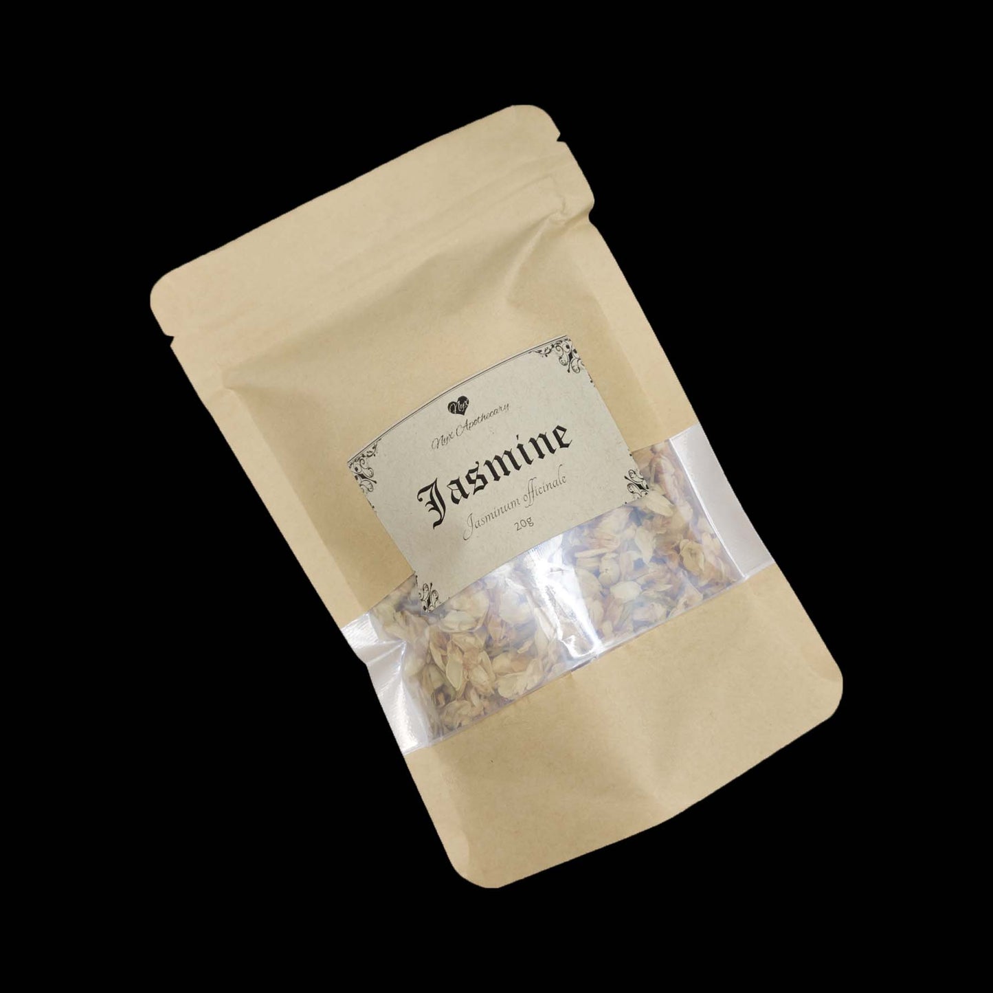 A kraft bag labelled jasmine flowers with a clear window showing the contents.