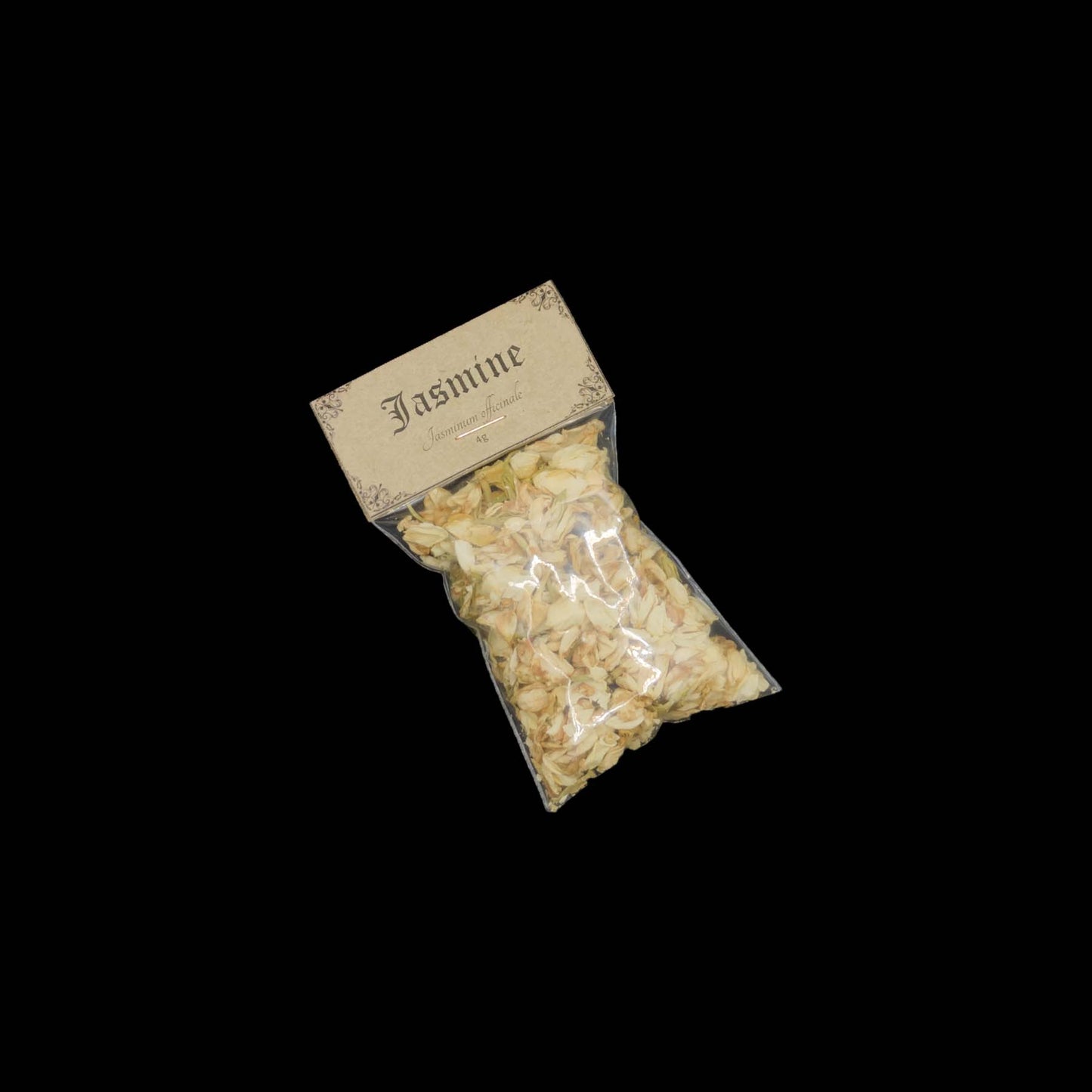 A small, clear bag of jasmine flowers.