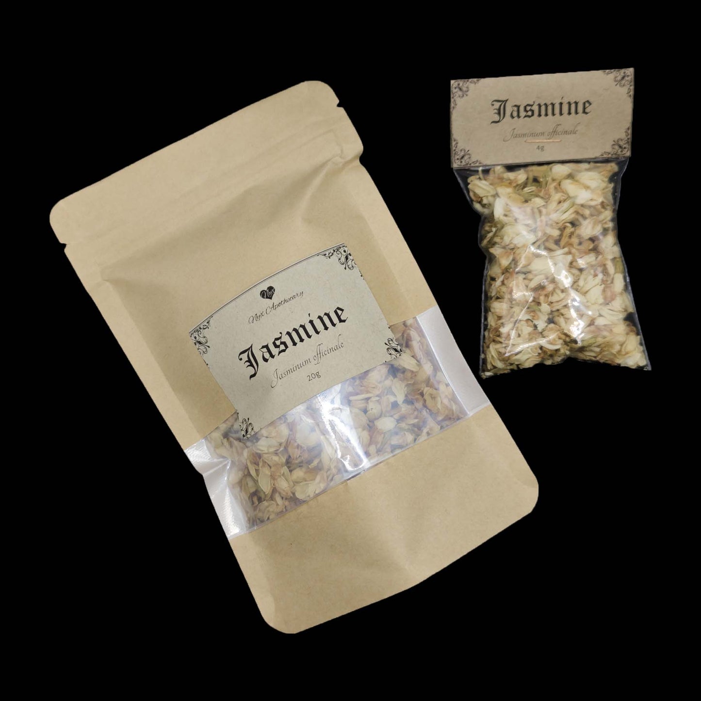 Two bags of jasmine flowers, one small and clear, the other a larger kraft bag with a clear window.