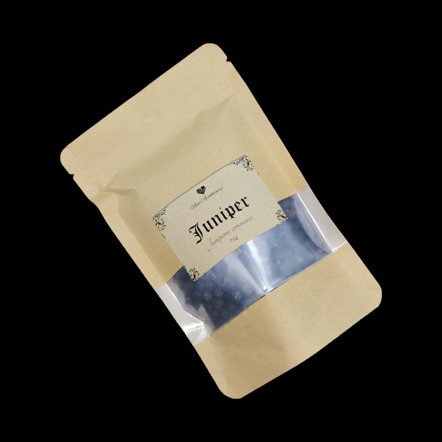 A kraft bag labelled juniper berries with a clear window showing the contents.
