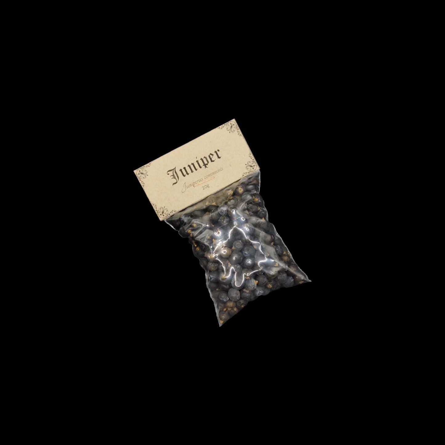 A small, clear bag of juniper berries.
