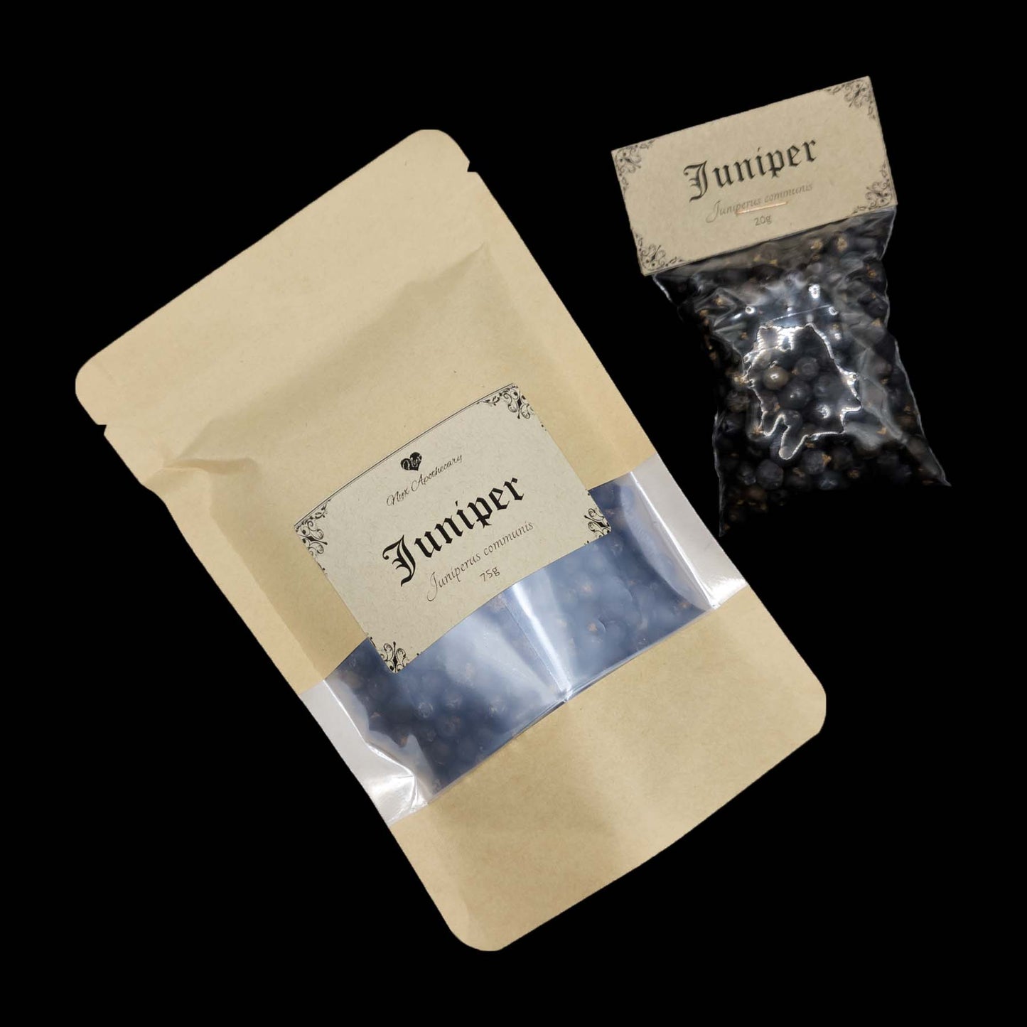 Two bags of juniper berries, one small and clear, the other a larger kraft bag with a clear window.