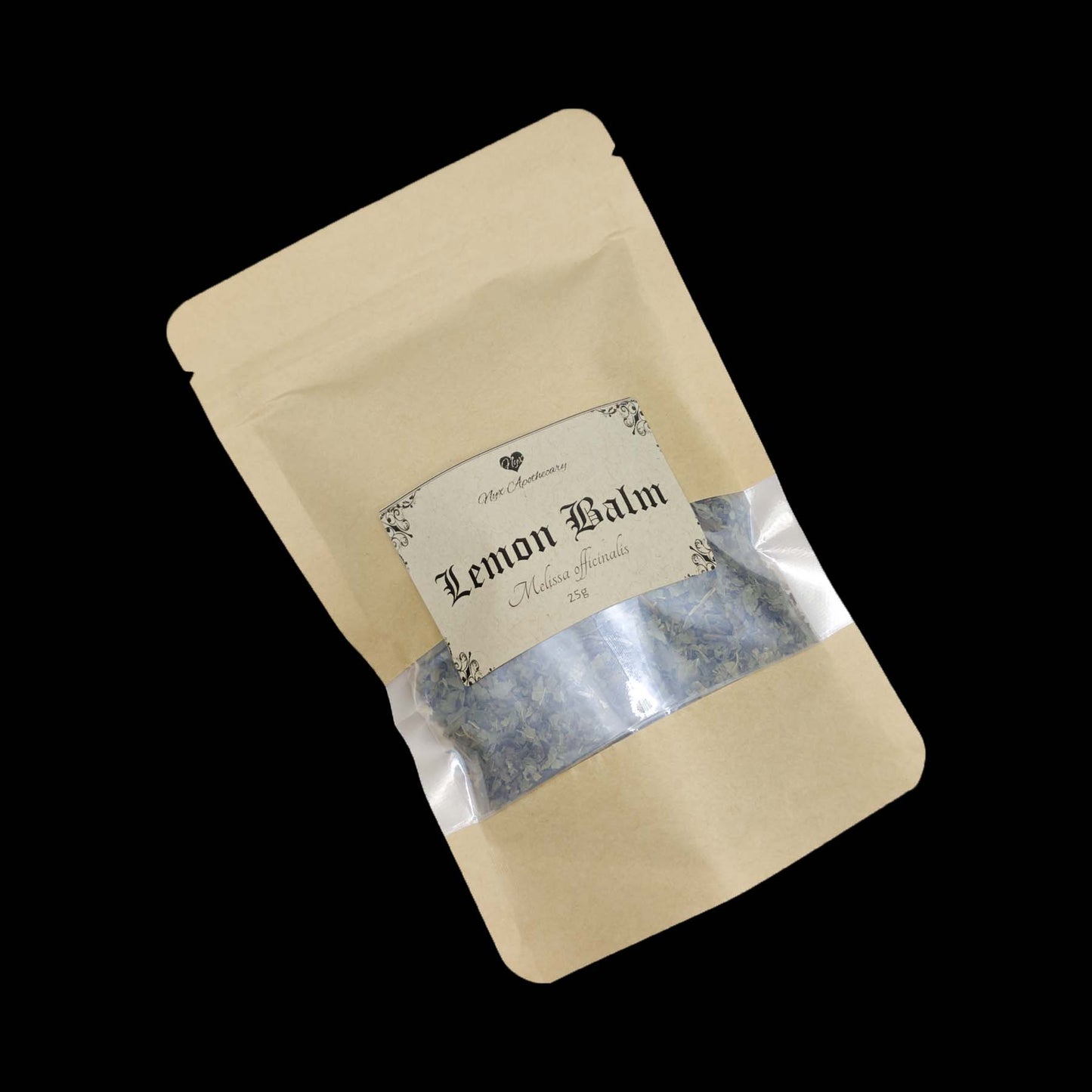 A kraft bag labelled lemon balm with a clear window showing the contents.