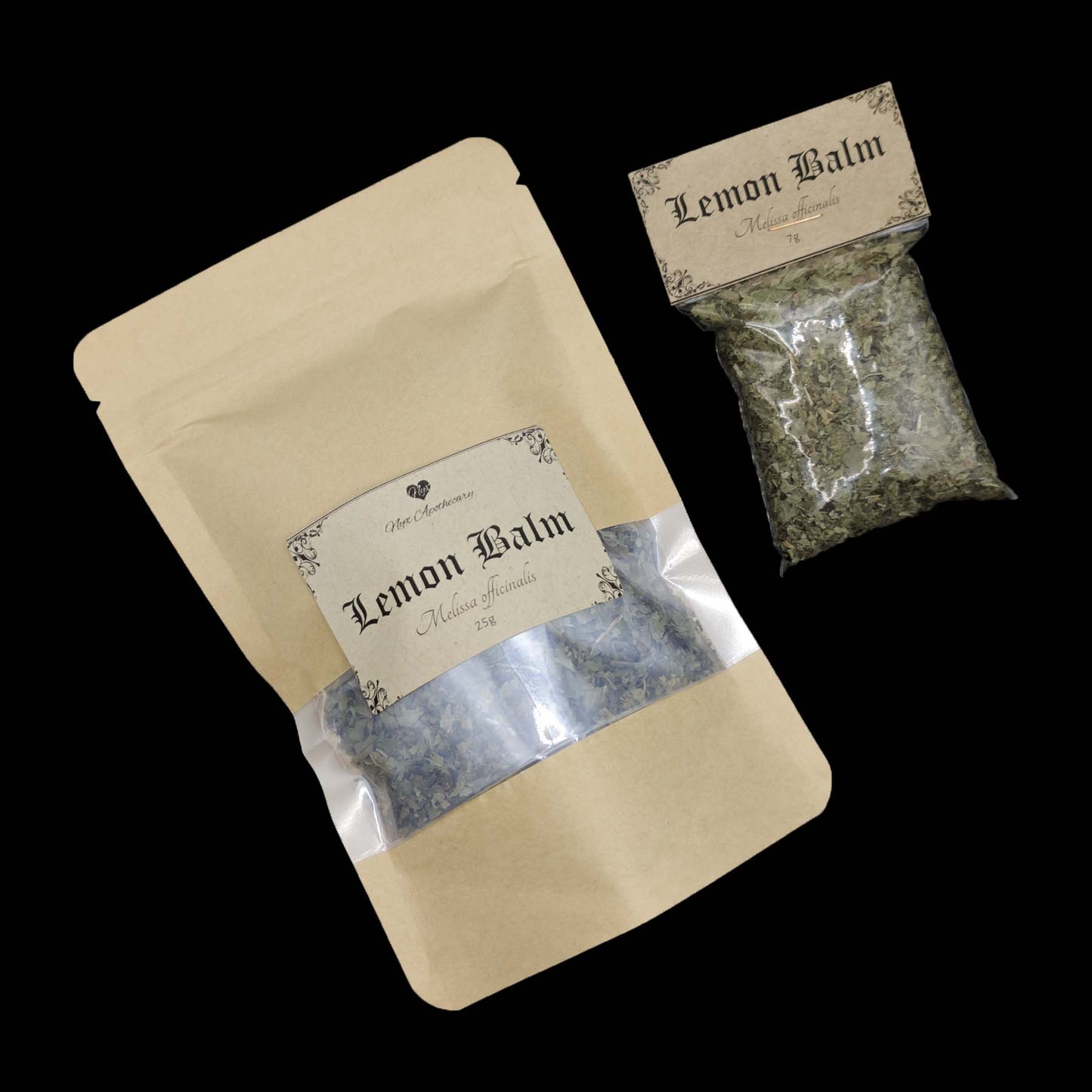 Two bags of lemon balm, one small and clear, the other a larger kraft bag with a clear window.