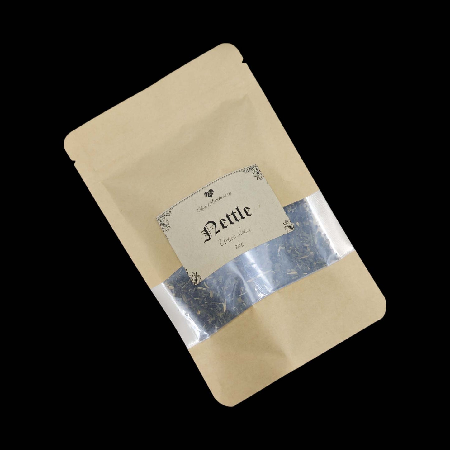 A kraft bag labelled nettle with a clear window showing the contents.