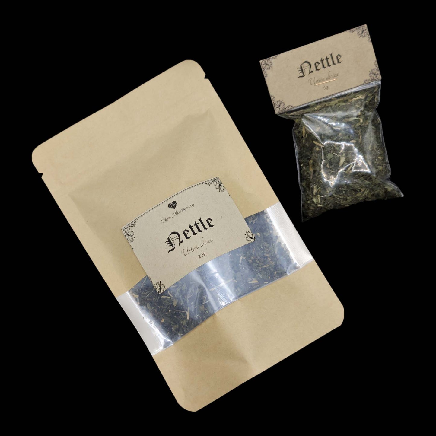 Two bags of nettle, one small and clear, the other a larger kraft bag with a clear window.