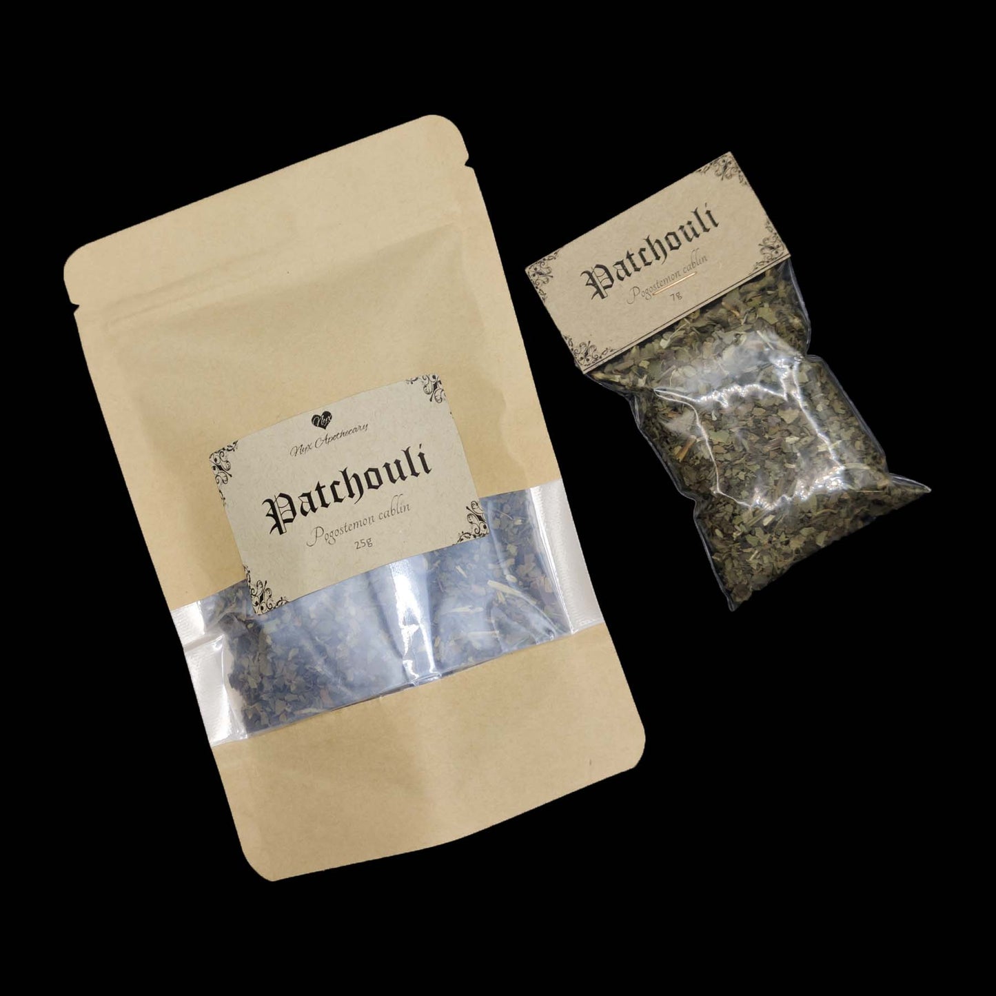 Two bags of patchouli, one small and clear, the other a larger kraft bag with a clear window.