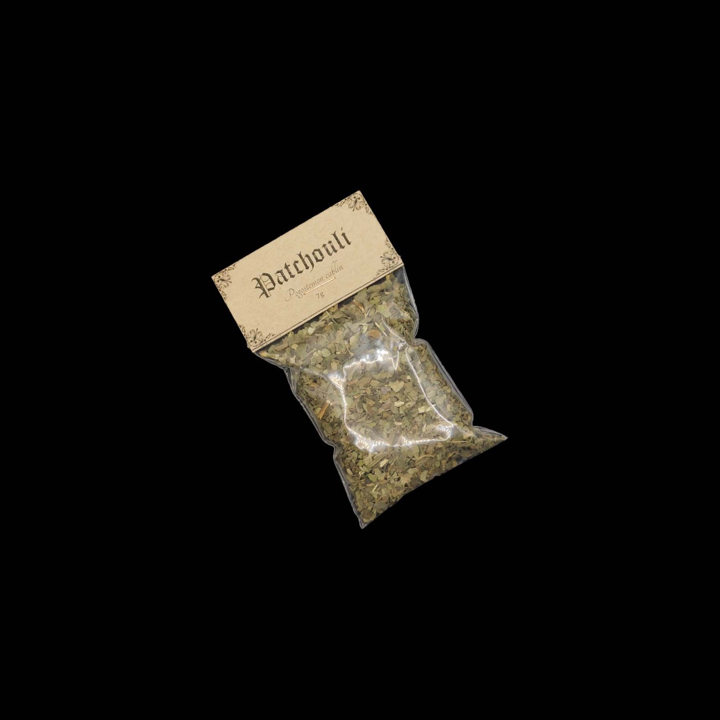 A small, clear bag of patchouli.