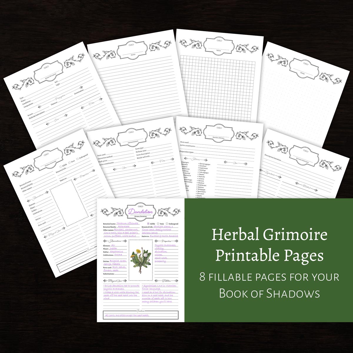 A mockup showing the 8 fillable page layouts for a herbal grimoire