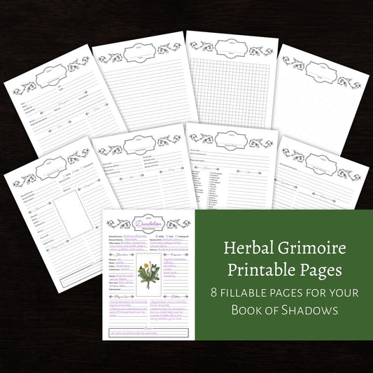 A mockup showing the 8 fillable page layouts for a herbal grimoire