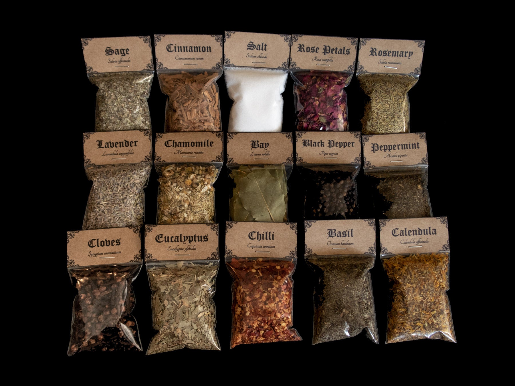 Large Beginner Herb kit: A collection of 15 bags of herbs - Victorian-apothecary-style brown labels at the top give the common and Latin names
