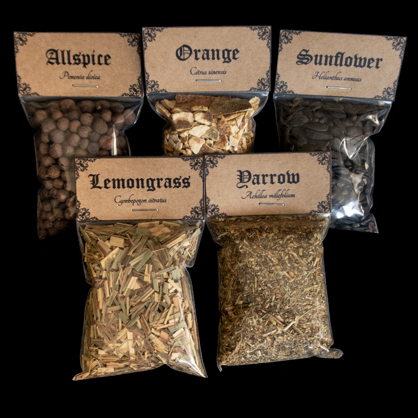 A collection of 5 bags of herbs - Victorian-apothecary-style brown labels at the top give the common and Latin names