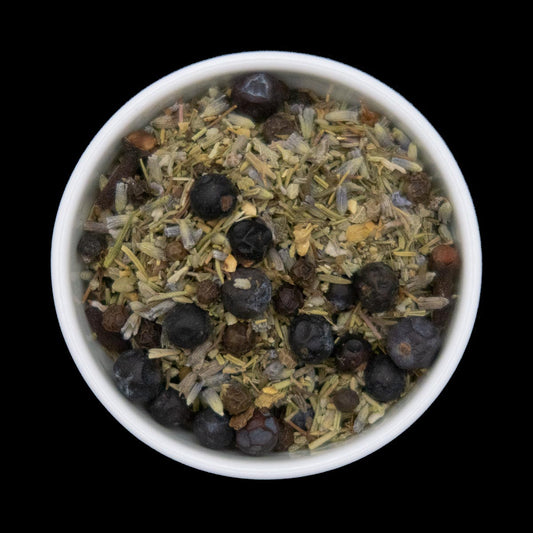 A blend of juniper berries, black peppercorns, clove buds, lavender flowers, thyme leaves, rosemary, sage, and garlic granules