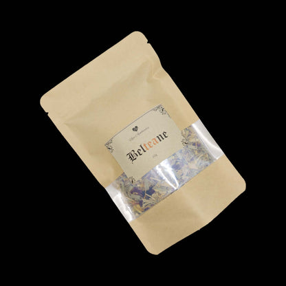 A kraft bag labelled Belteane with a clear window showing the tea