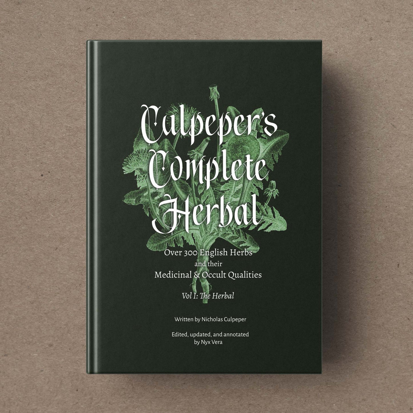 A hardcover mock-up of Culpeper's Complete Herbal, volume 1, with a dark green cover on a kraft paper background. 