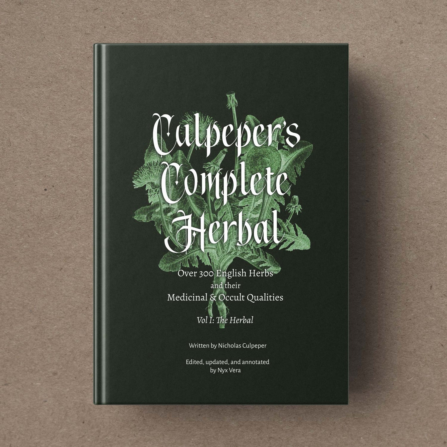 A hardcover mock-up of Culpeper's Complete Herbal, volume 1, with a dark green cover on a kraft paper background. 