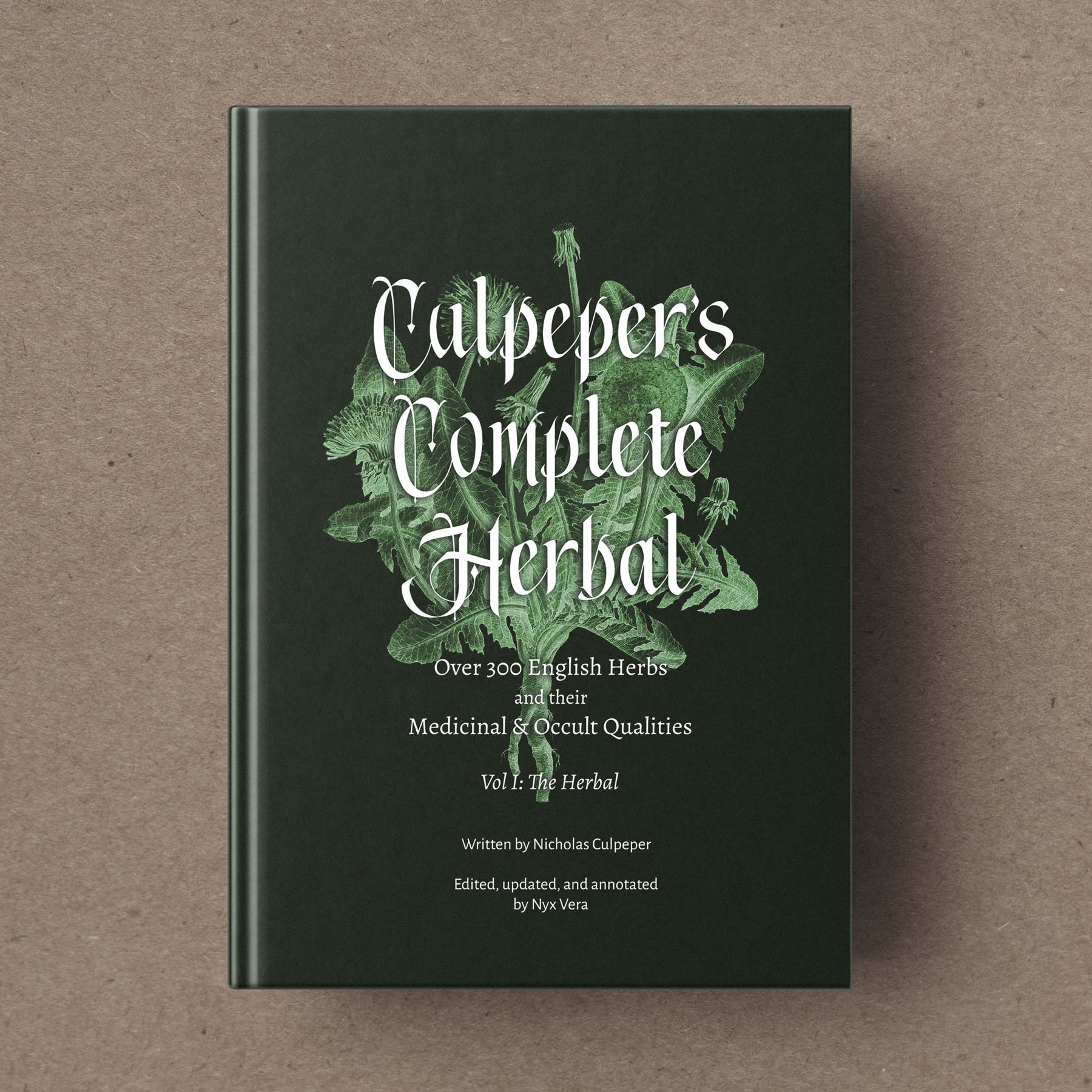A hardcover mock-up of Culpeper's Complete Herbal, volume 1, with a dark green cover on a kraft paper background. 