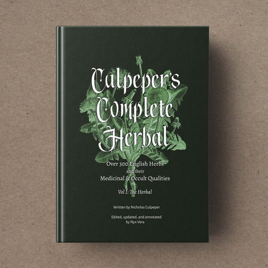 A hardcover mock-up of Culpeper's Complete Herbal, volume 1, with a dark green cover on a kraft paper background. 