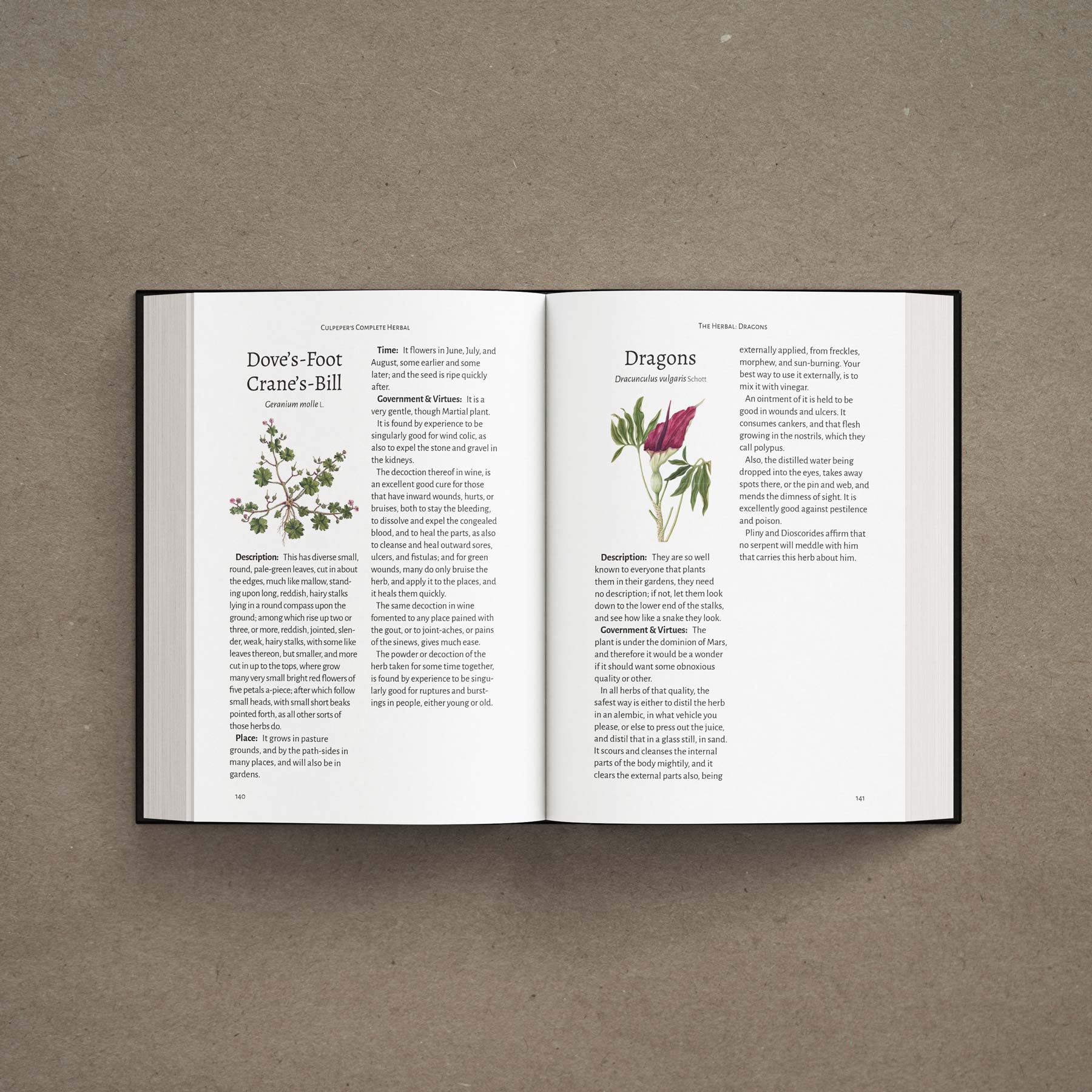 A hardcover mockup of Culpeper's Complete Herbal, showing interior pages, on a kraft paper background. 