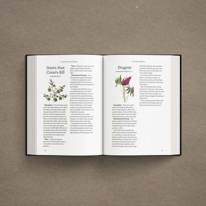A hardcover mockup of Culpeper's Complete Herbal, showing interior pages, on a kraft paper background. 