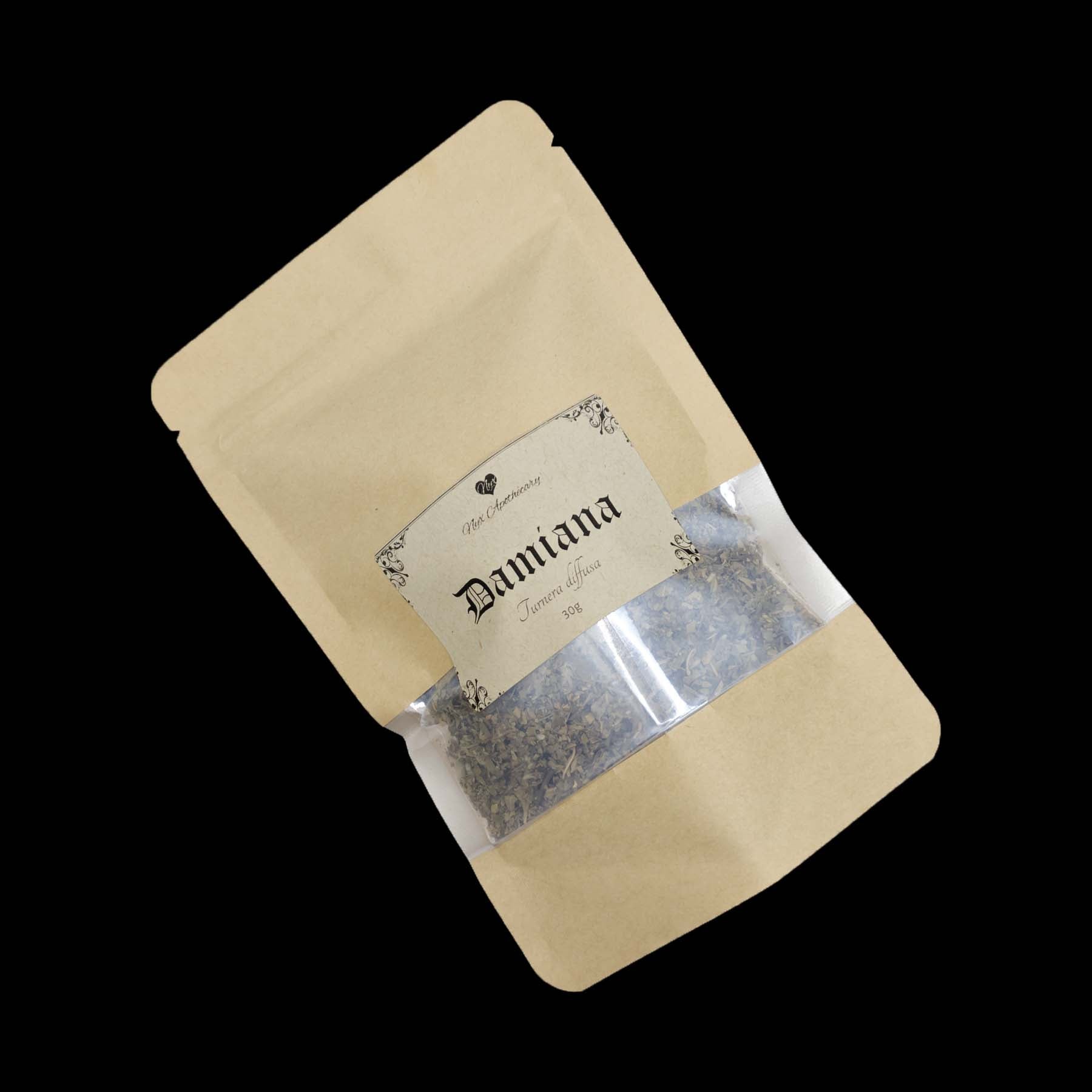 A kraft bag labelled Damiana with a clear window showing the contents. 