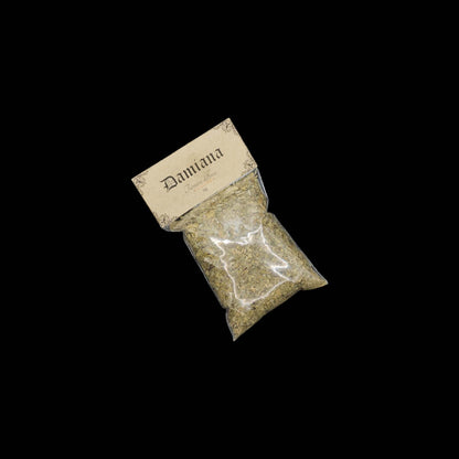 A small, clear bag of damiana. 