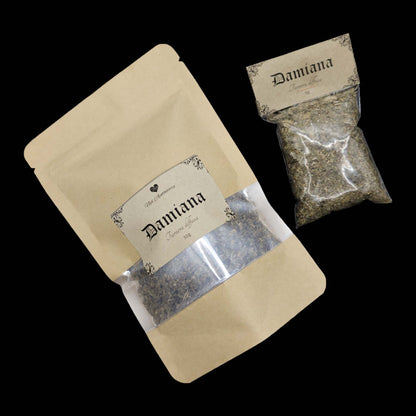 Two bags of damiana, one small and clear, the other a larger kraft bag with a clear window. 