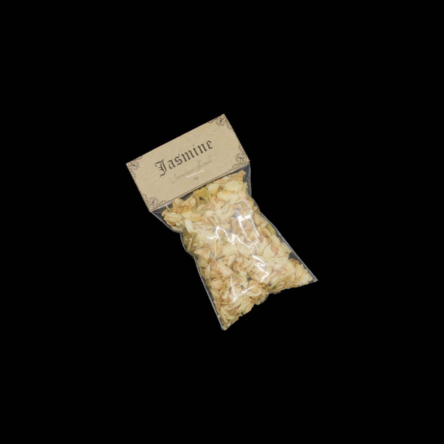 A small, clear bag of jasmine flowers. 