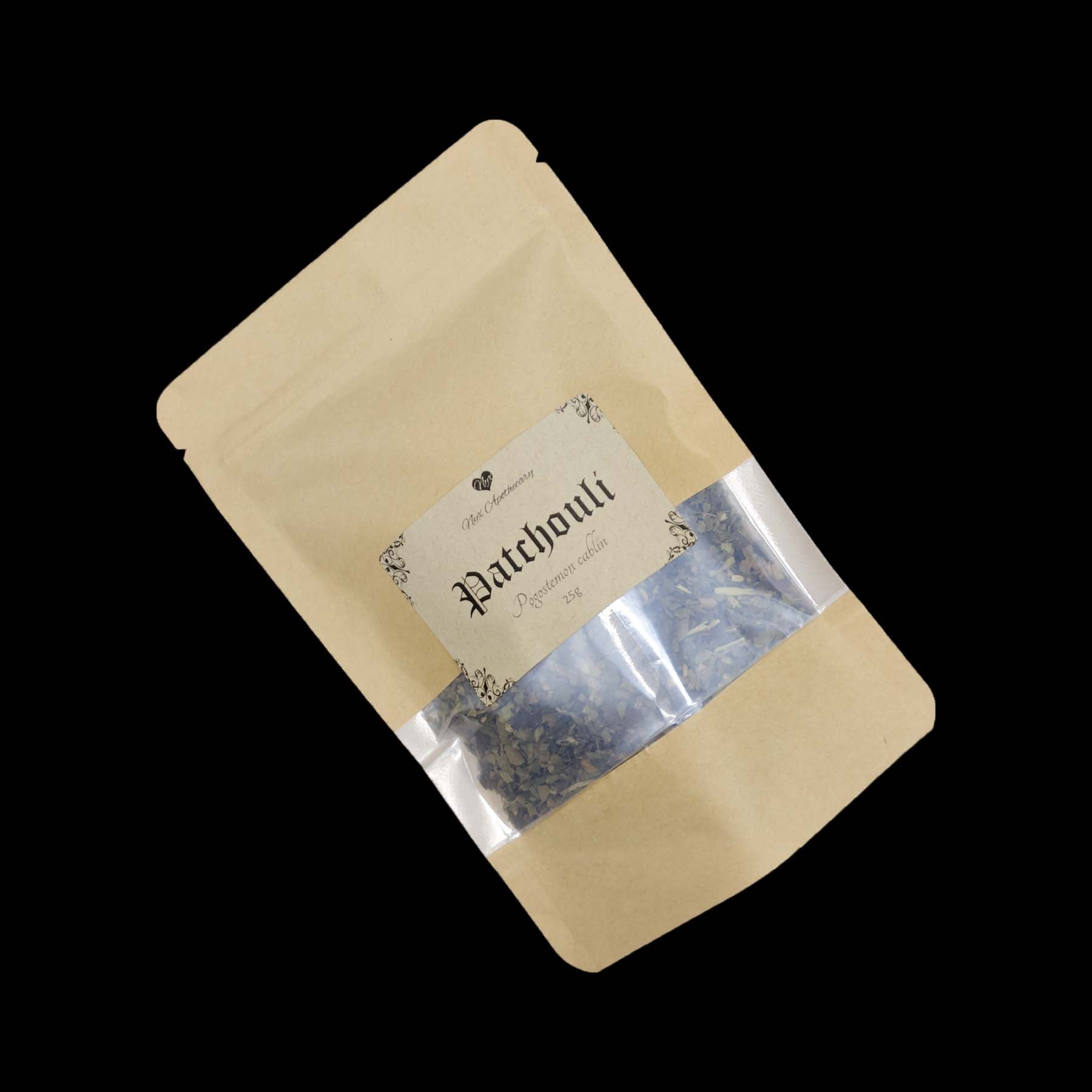 A kraft bag labelled patchouli with a clear window showing the contents.