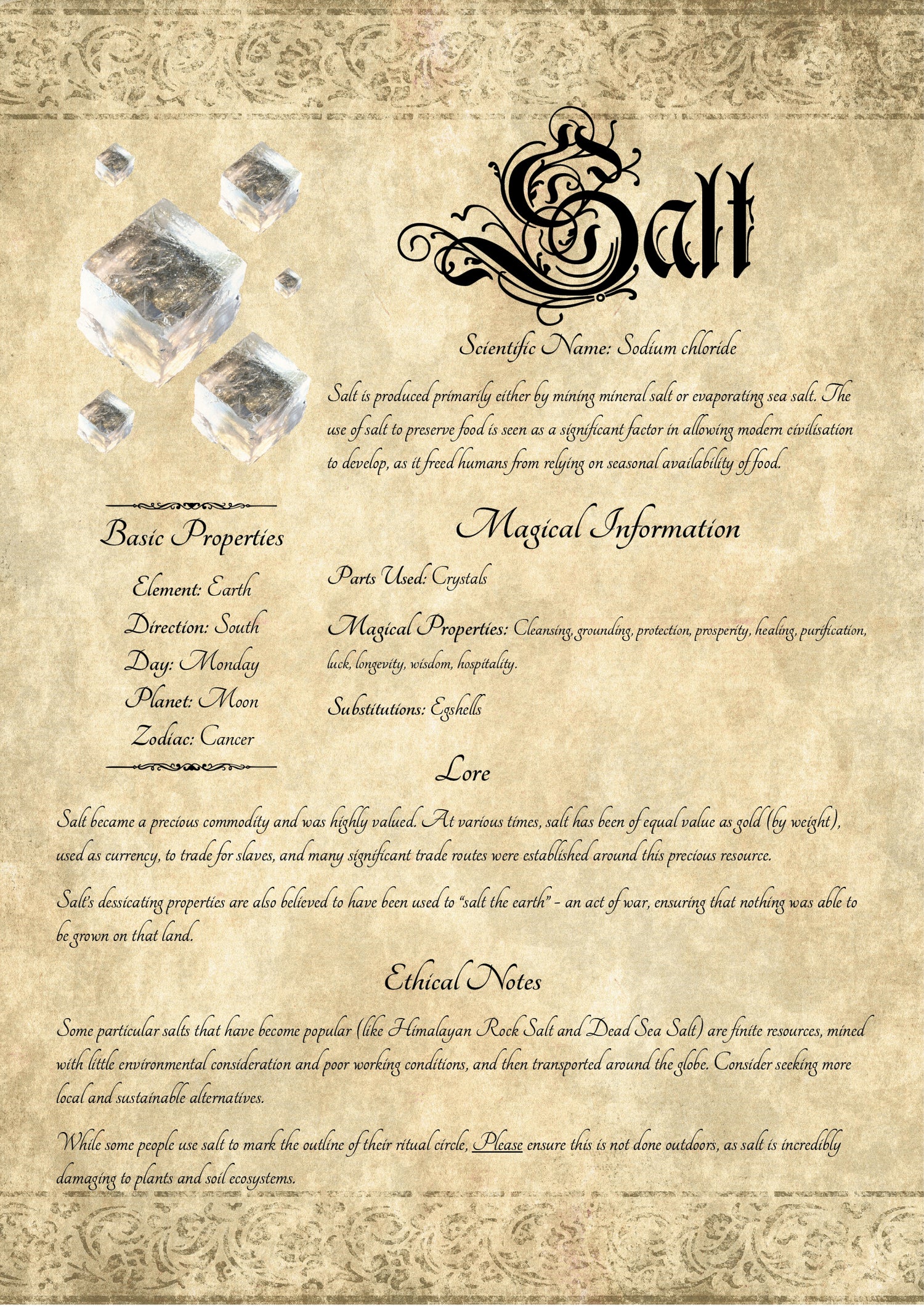 Antique-style grimoire page on the properties of Salt, with an aged paper background and script font