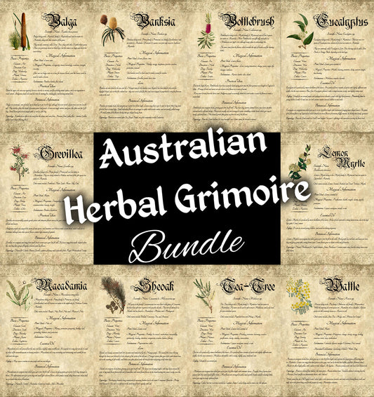 Collage of antique-style grimoire pages; central text "Australian Herbal Grimoire Bundle"