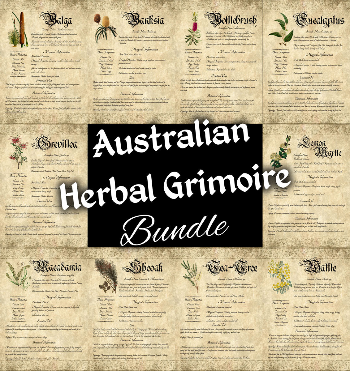 Collage of antique-style grimoire pages; central text "Australian Herbal Grimoire Bundle"