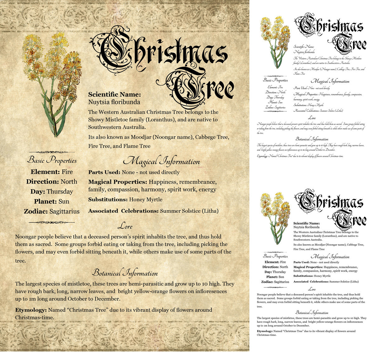 Collage of 3 versions of the Christmas Tree grimoire page: with a readable/serif vs script font + with/without background