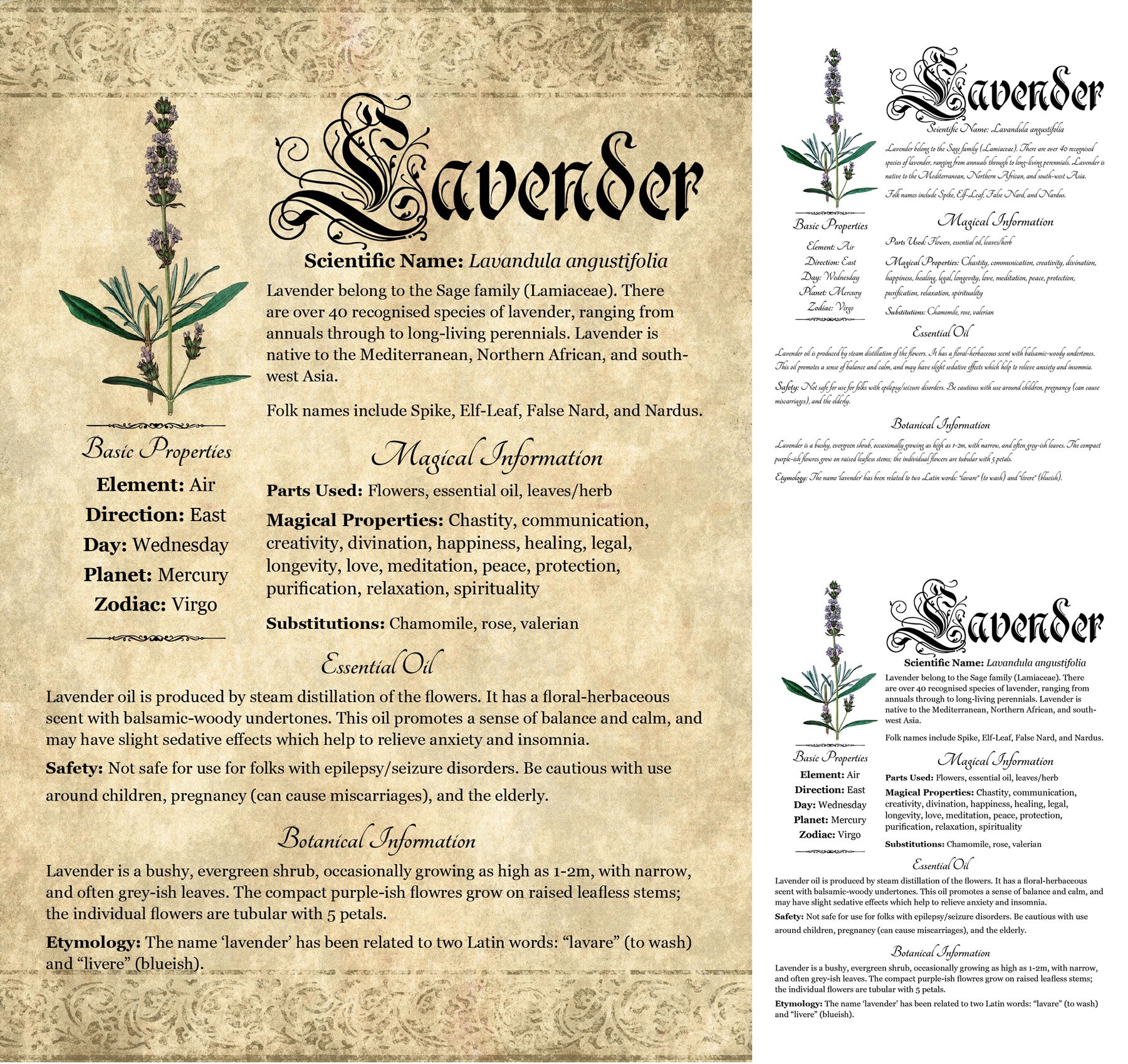 Collage of 3 versions of the Lavender grimoire page: with a readable/serif vs script font + with/without background