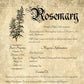Antique-style grimoire page on the properties of Rosemary, with an aged paper background and script font
