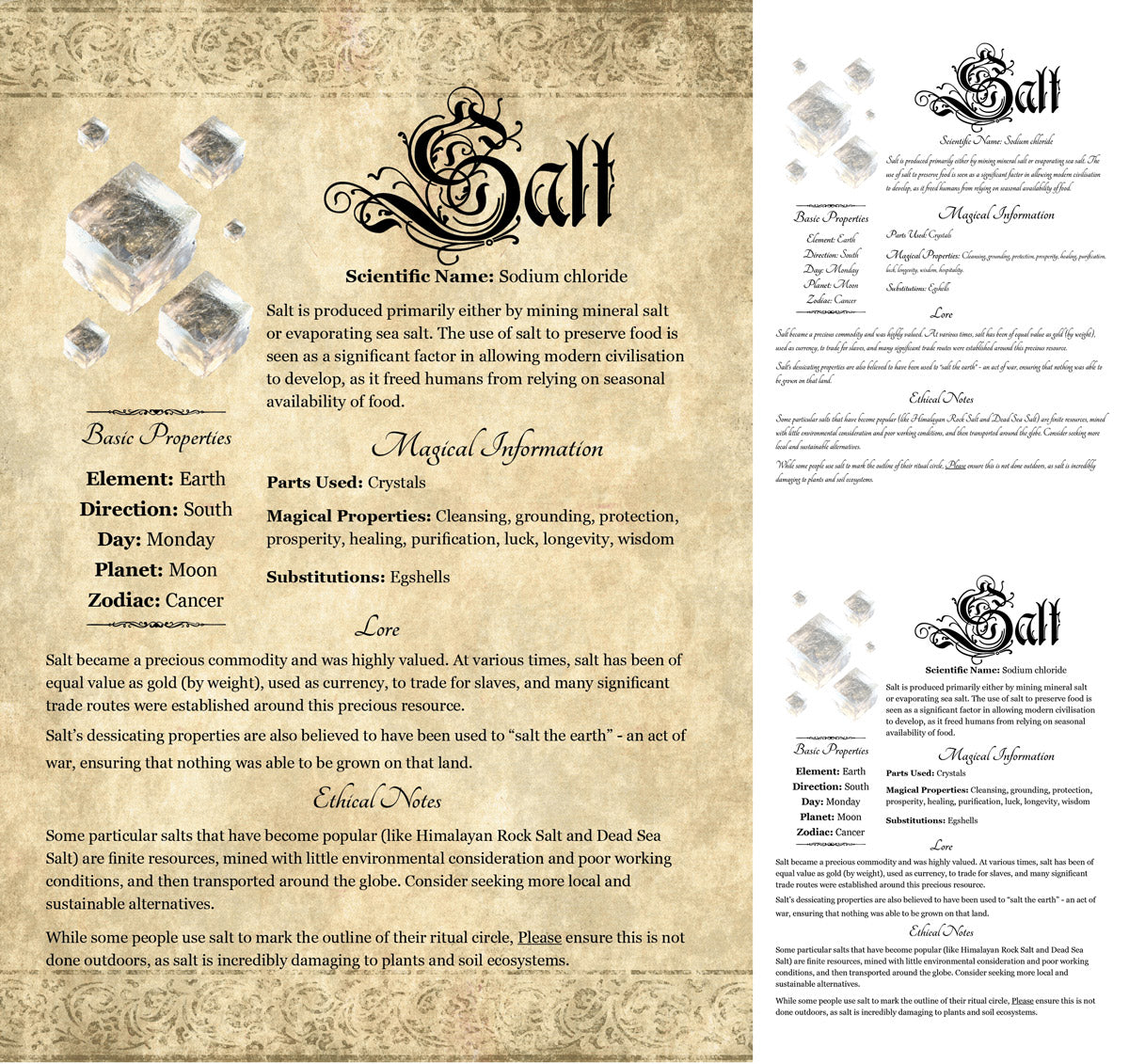 Collage of 3 versions of the Salt grimoire page: with a readable/serif vs script font + with/without background