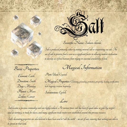 Antique-style grimoire page on the properties of Salt, with an aged paper background and script font
