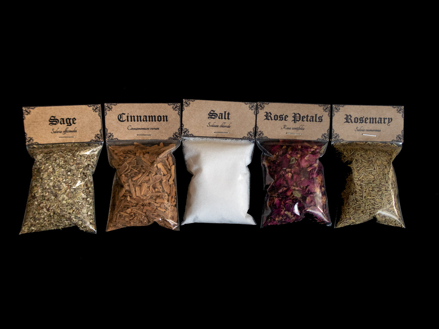 Small Beginner Herb kit: A collection of 5 bags of herbs - Victorian-apothecary-style brown labels at the top give the common and Latin names