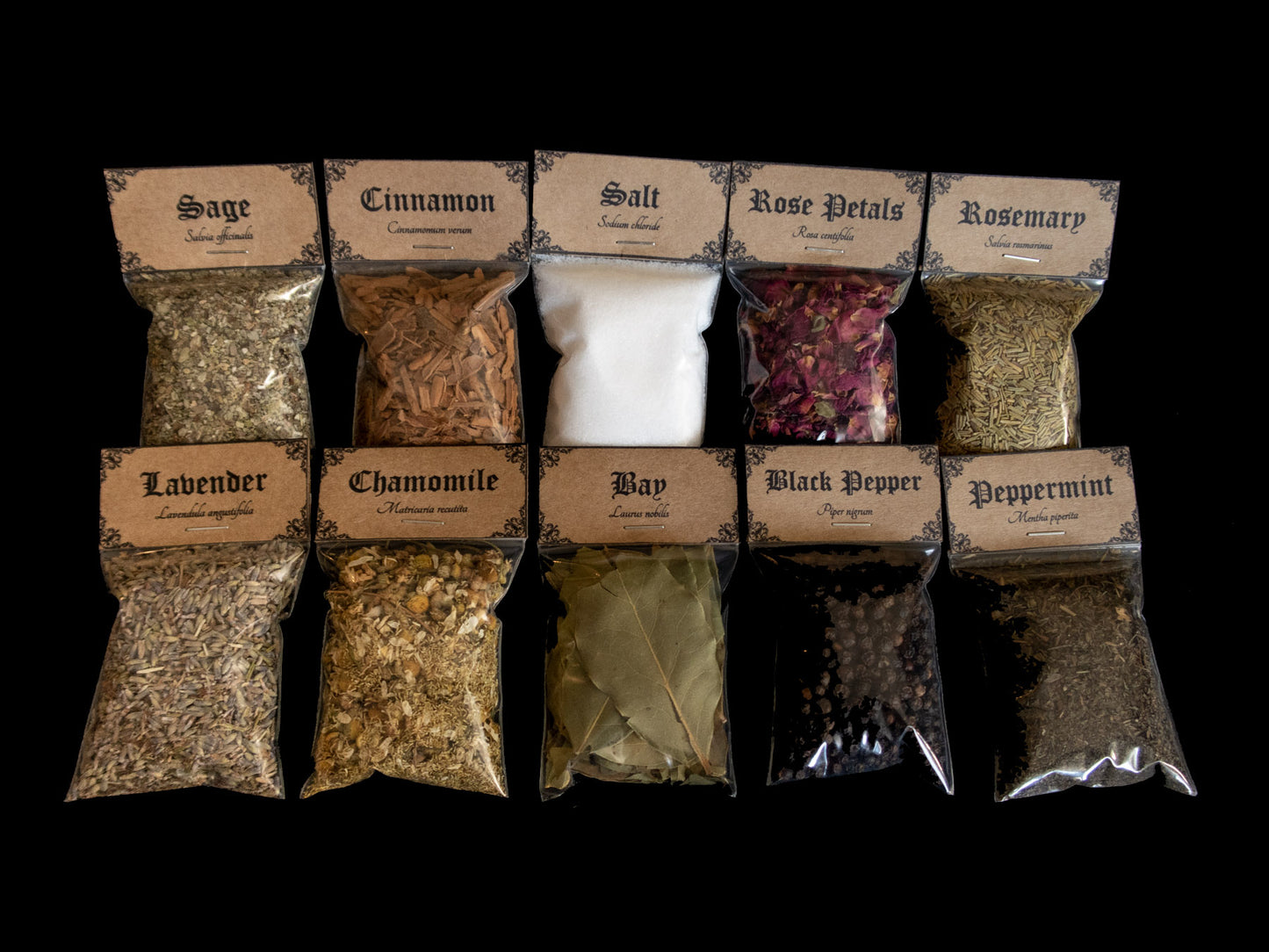 Medium Beginner Herb kit: A collection of 10 bags of herbs - Victorian-apothecary-style brown labels at the top give the common and Latin names