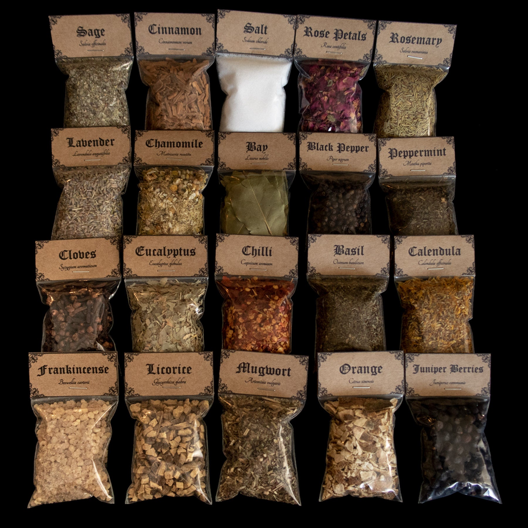 Extended Beginner Herb kit: A collection of 20 bags of herbs - Victorian-apothecary-style brown labels at the top give the common and Latin names
