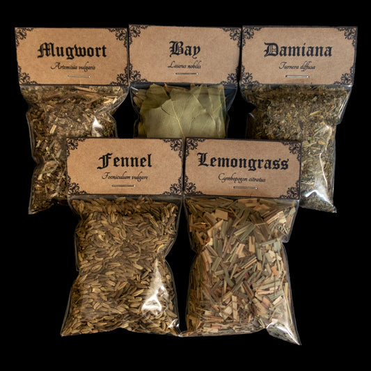 A collection of 5 bags of herbs - Victorian-apothecary-style brown labels at the top give the common and Latin names