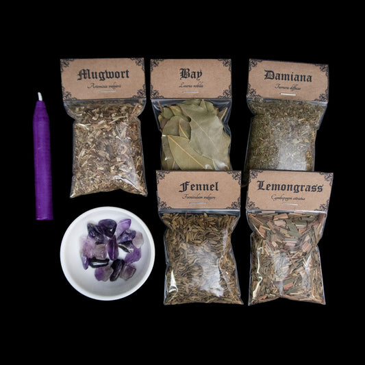 A purple chime candle, small bowl of large amethyst crystal chips, and 5 bags of herbs with Victorian-apothecary-style brown labels at the top give the common and Latin names