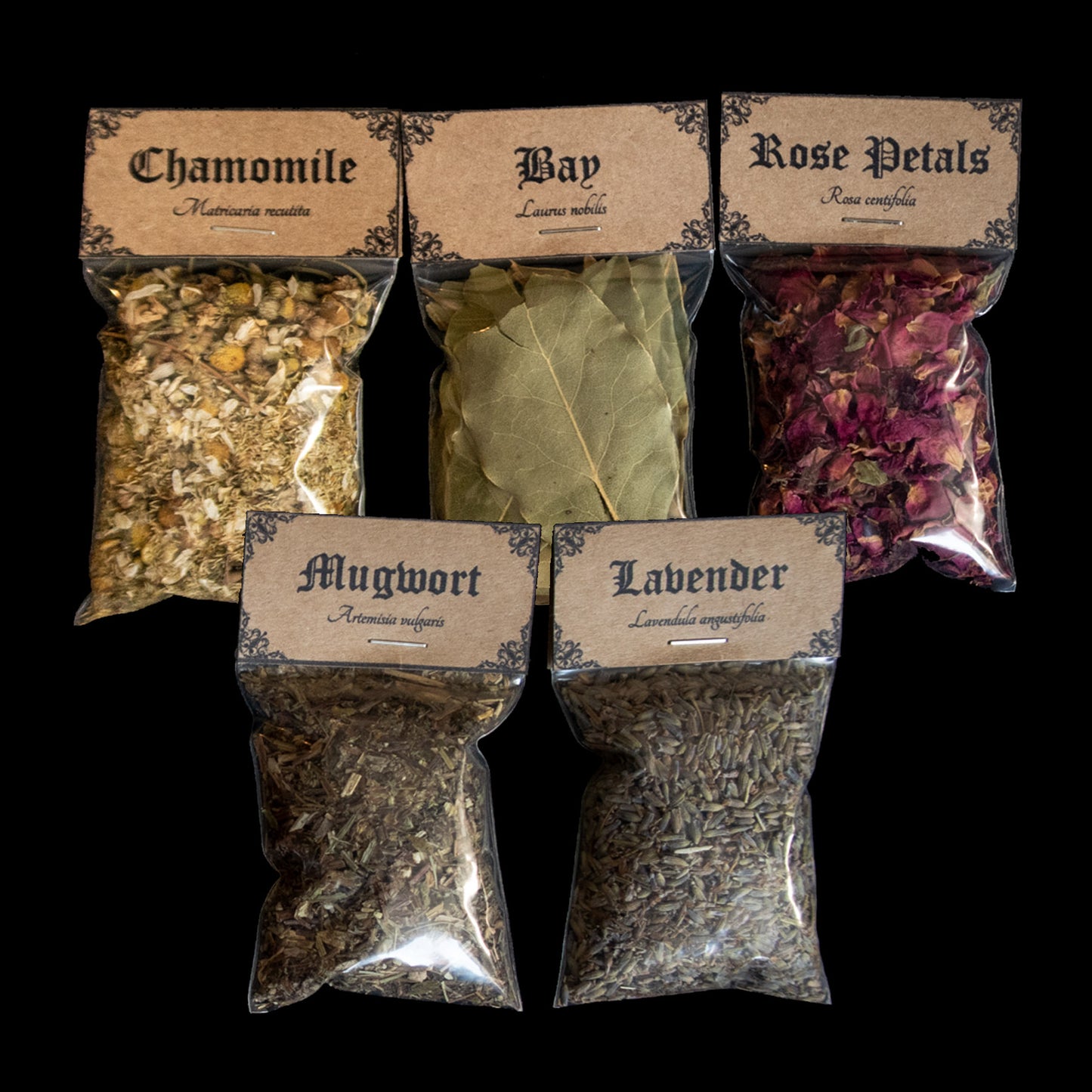 Small Botanical Favourites kit: A collection of 5 bags of herbs - Victorian-apothecary-style brown labels at the top give the common and Latin names