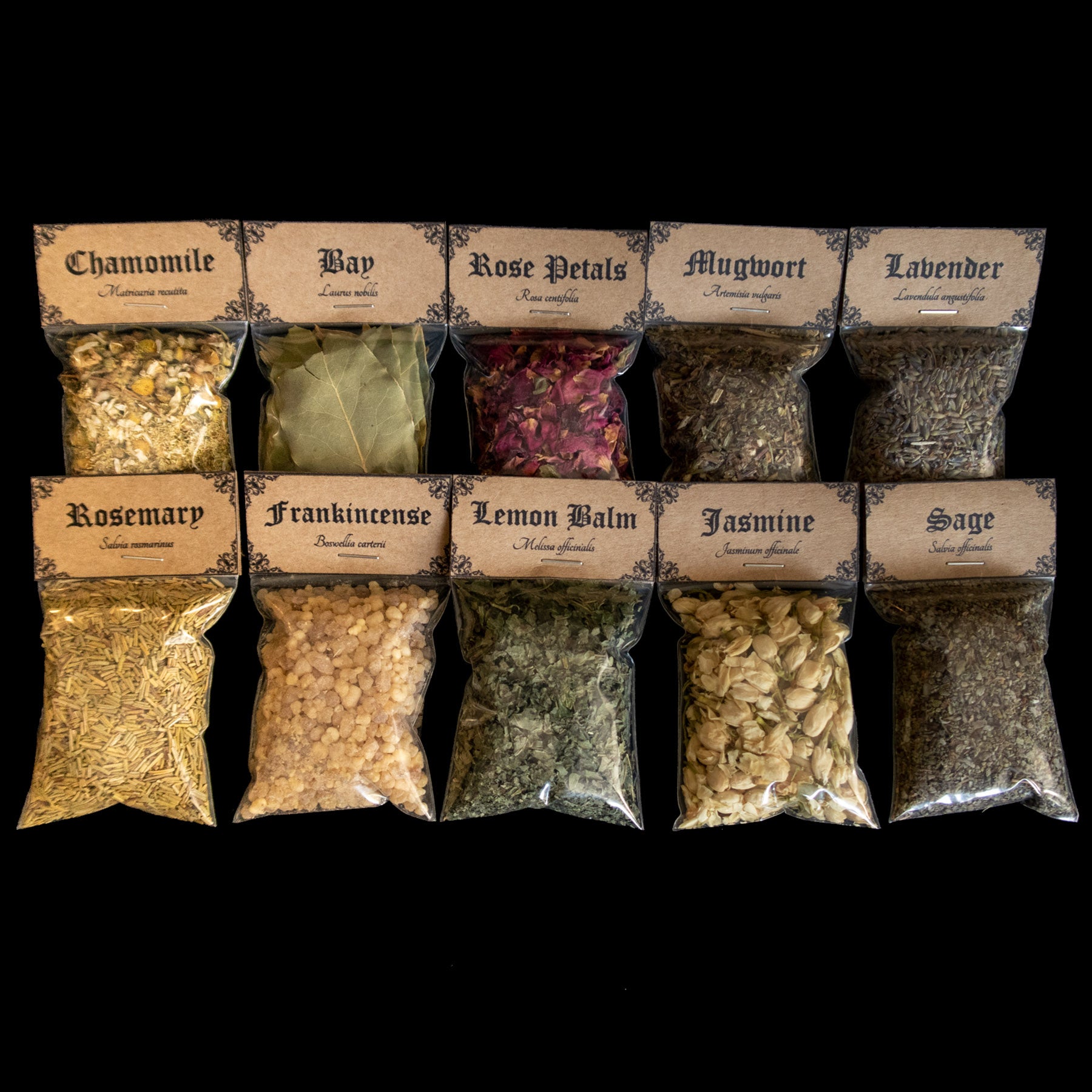 Medium Botanical Favourites kit: A collection of 10 bags of herbs - Victorian-apothecary-style brown labels at the top give the common and Latin names