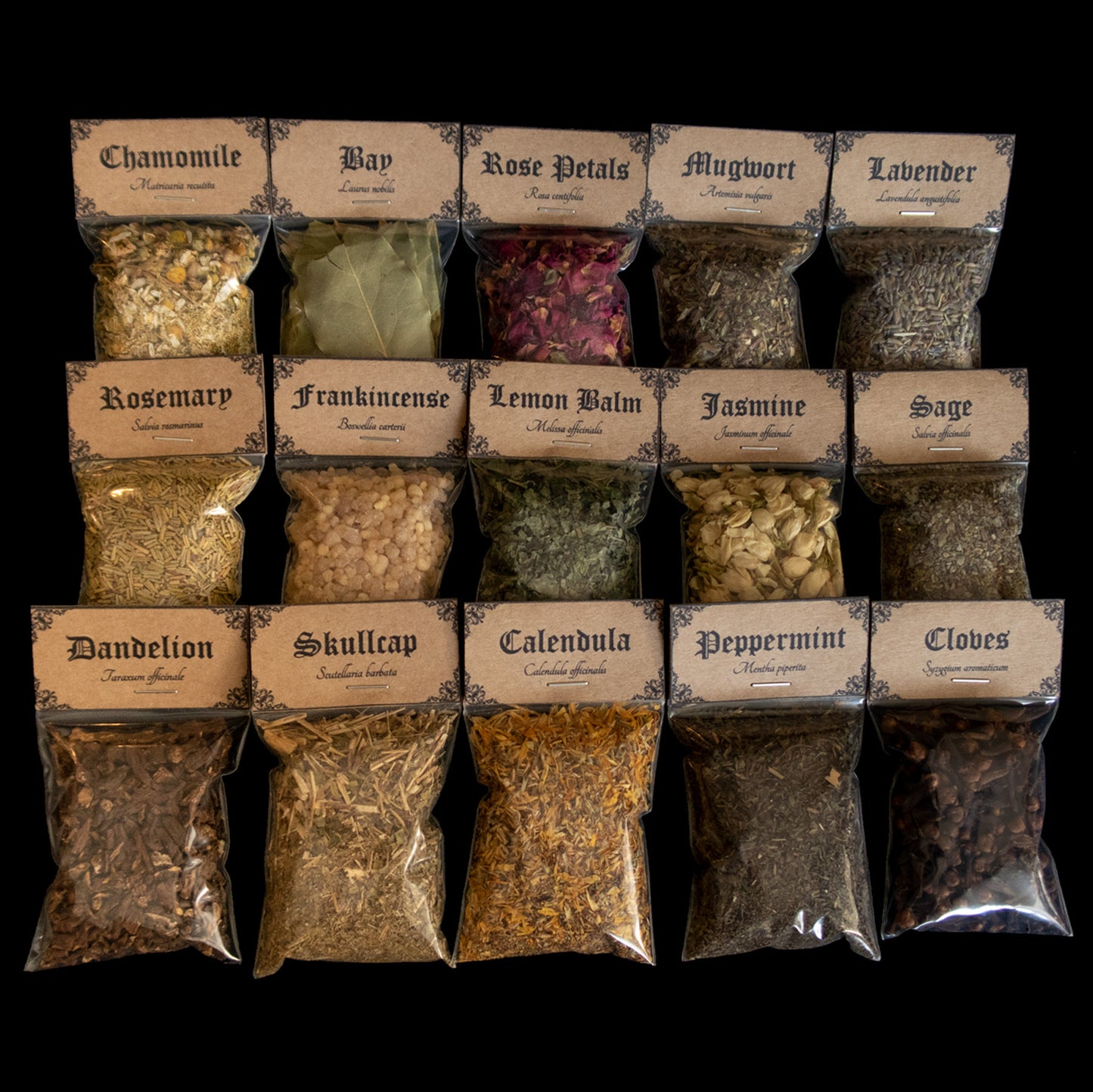 Large Botanical Favourites kit: A collection of 15 bags of herbs - Victorian-apothecary-style brown labels at the top give the common and Latin names